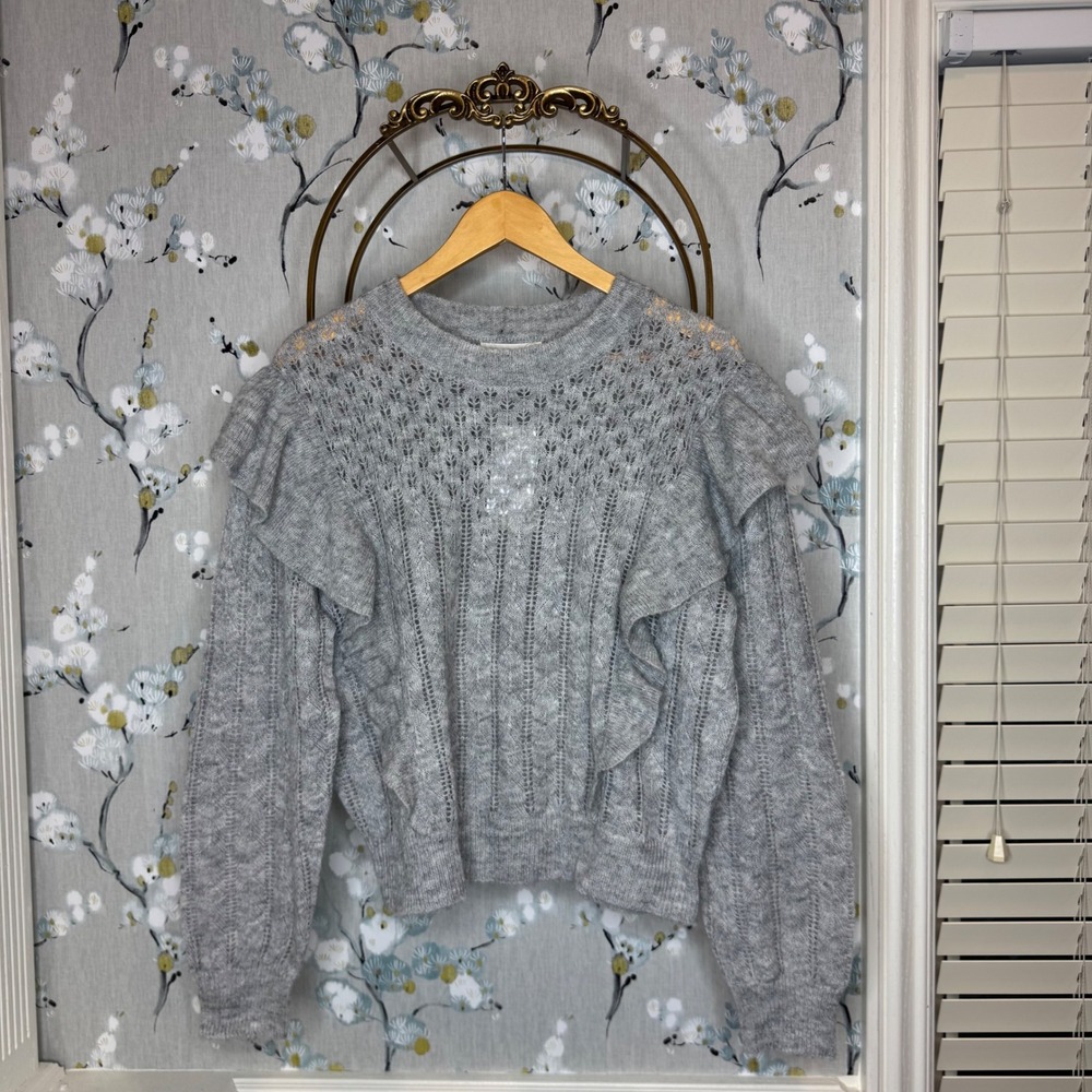 Treasure & Bond Grey Heather Ruffle Pointelle Wool Alpaca Sweater - Large